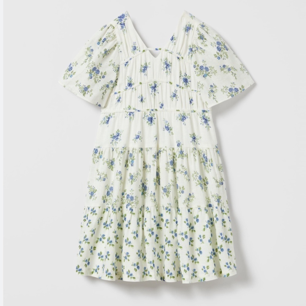 Zara ecru floral dress linen blend 8/9Y